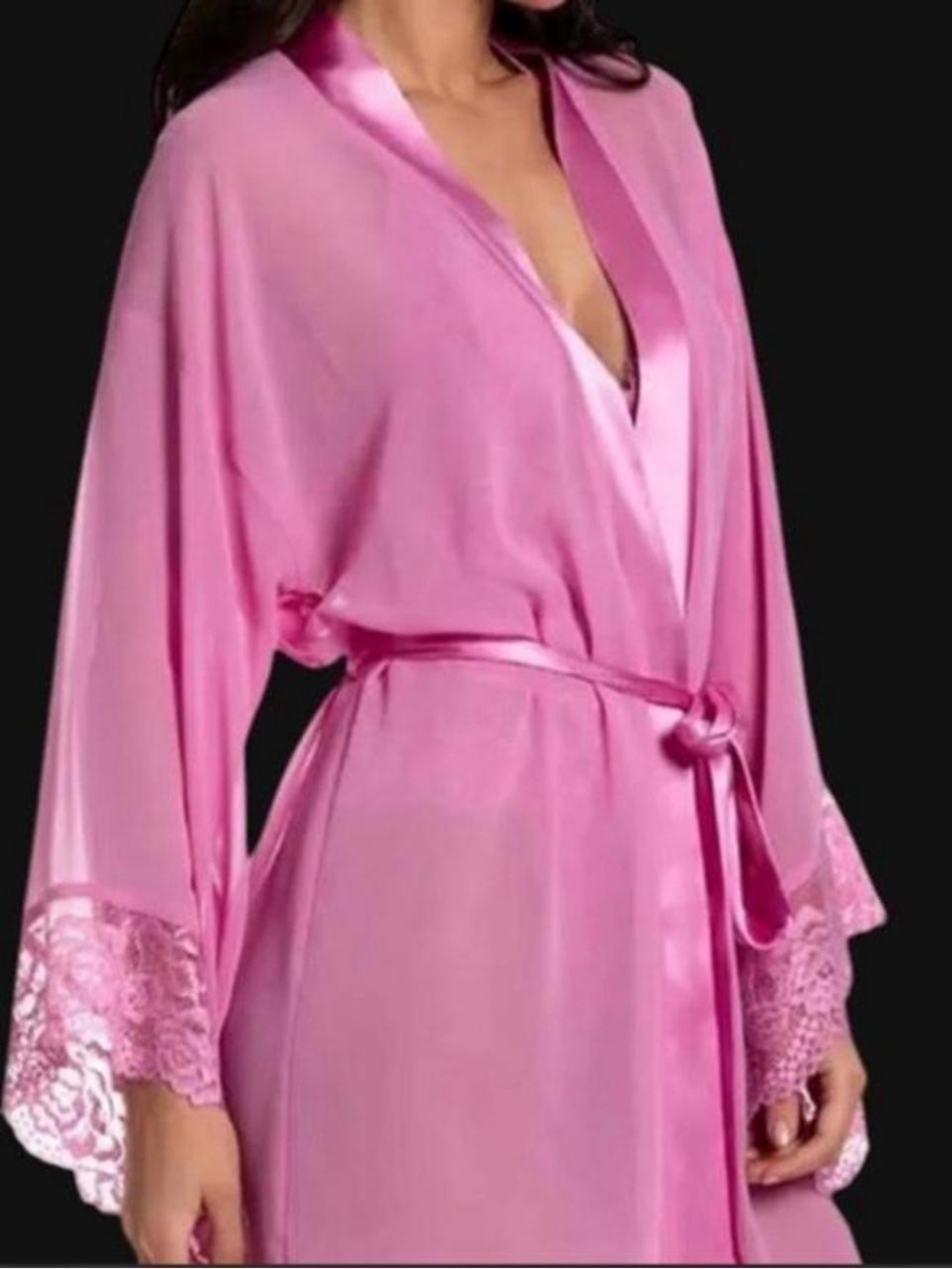 Romantic Lace-Trim Pink Satin Robe with Tie Belt